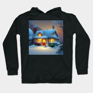 Magical Fantasy Cottage with Lights In A Snowy Scene, Scenery Nature Hoodie